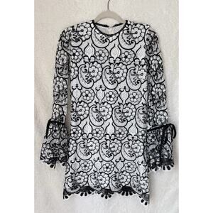 Alexis Black White Laced Scalloped hem Bell Sleeve Mini Dress Women's Small